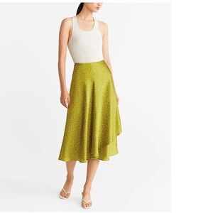 Mango Polka Dot Midi Skirt Green White A Line Flowy Faux Wrap Style Size 4‎